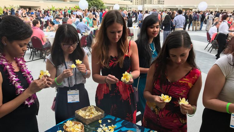 lei making station at corporate event