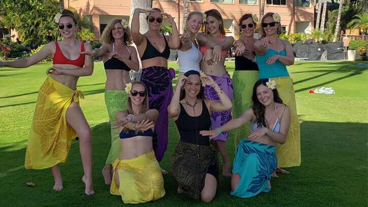 group of girl friends in hawaii after hula lesson